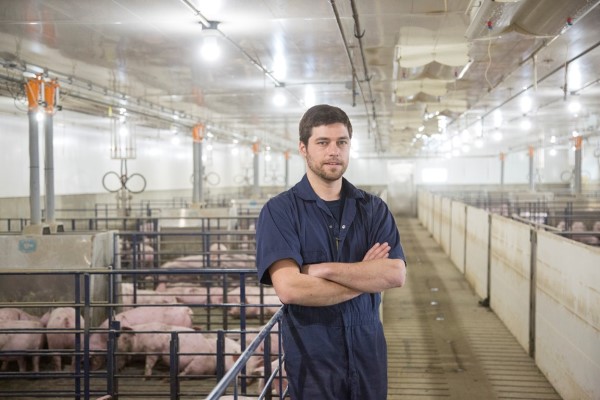 Jamie in a building with pigs.