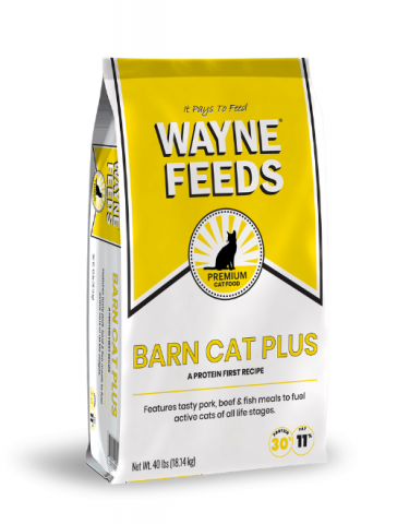 A picture of a bag of the Wayne Feeds Barn Cat Plus cat food